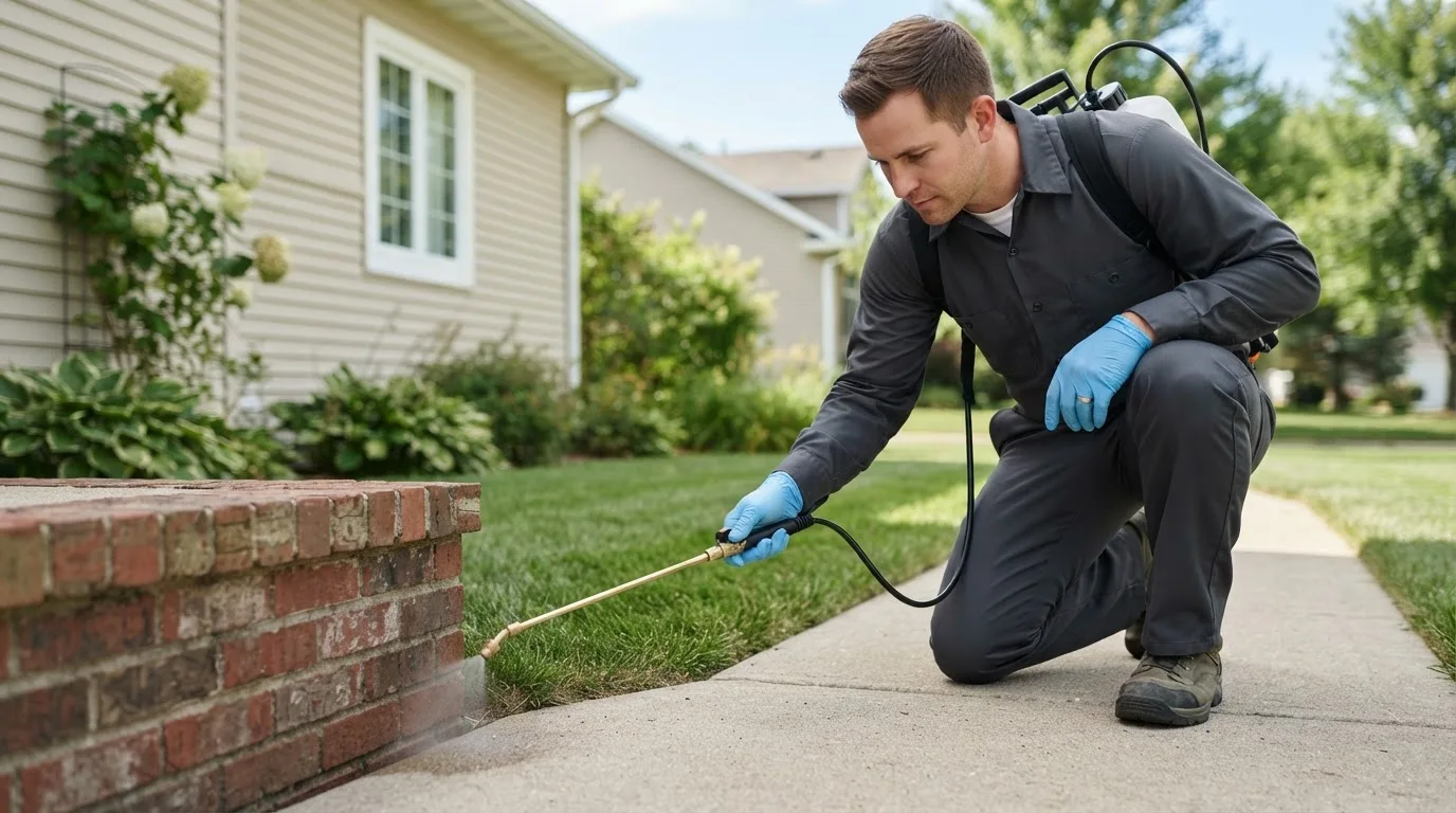 Pest control technician treating a home near Cameron, OH