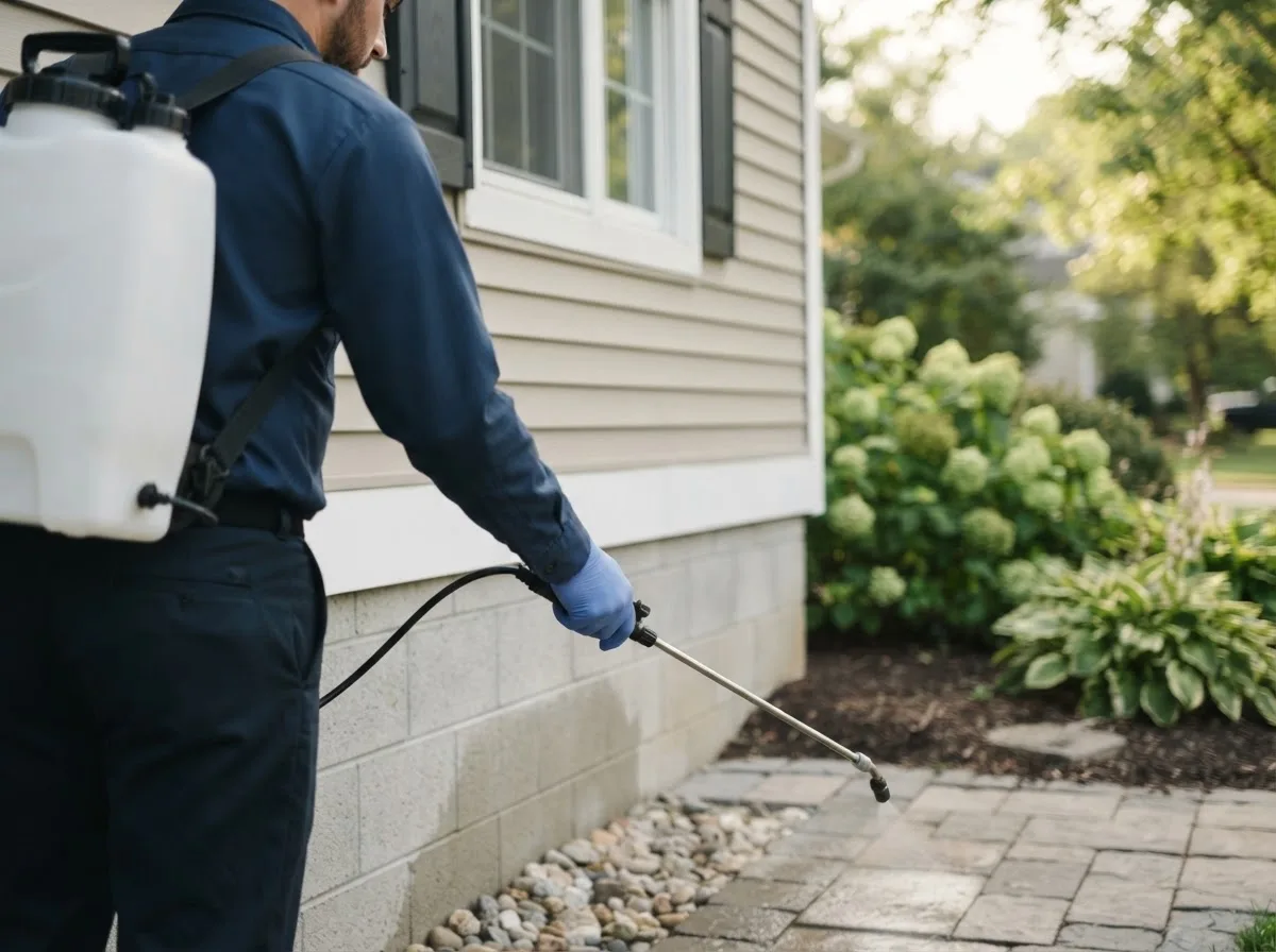 Pest control technician inspecting a home in Cameron, OH
